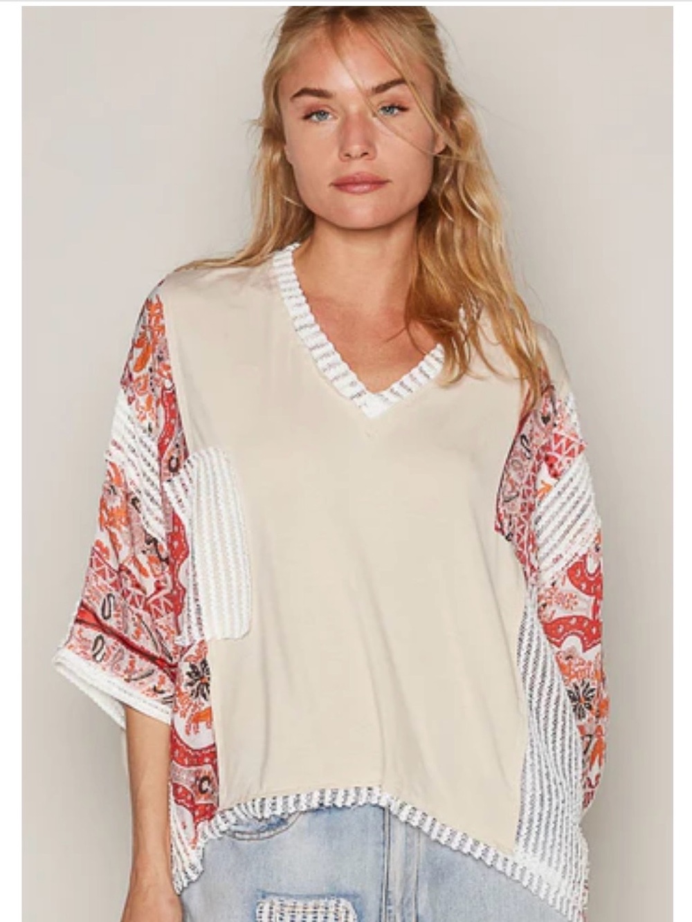 POL Cream Boho V-Neck Top with Pink & Red Patterned Sleeves